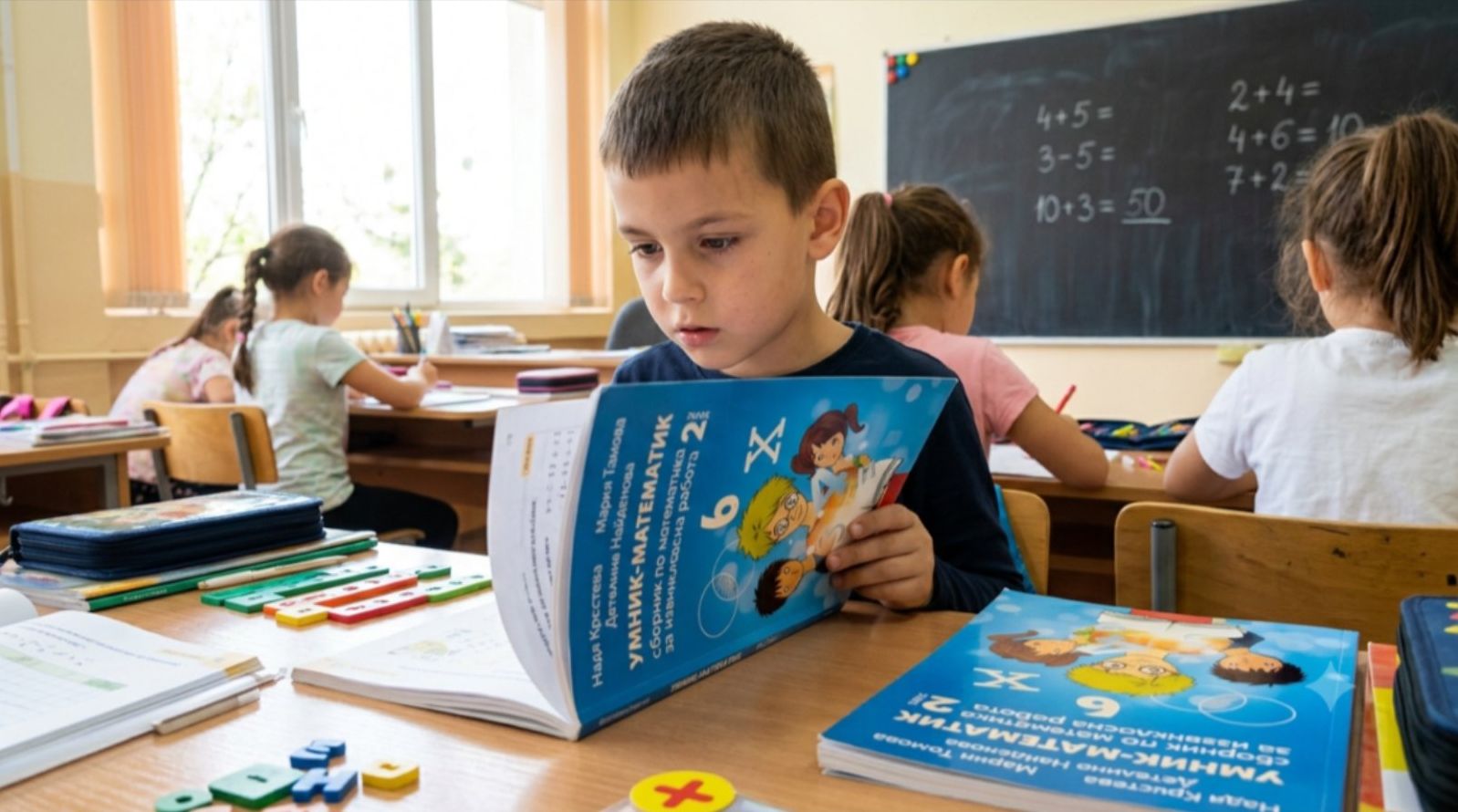 Ученик решава задачи от сборника Умник-Математик в клас